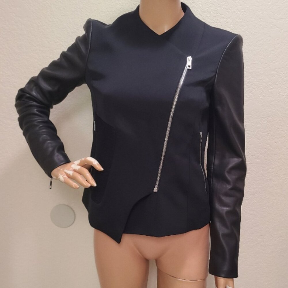 NEW! RAG & BONE SCUBA STRETCH MOTO JACKET LAMB LEATHER SLEEVES CROPPED sz O